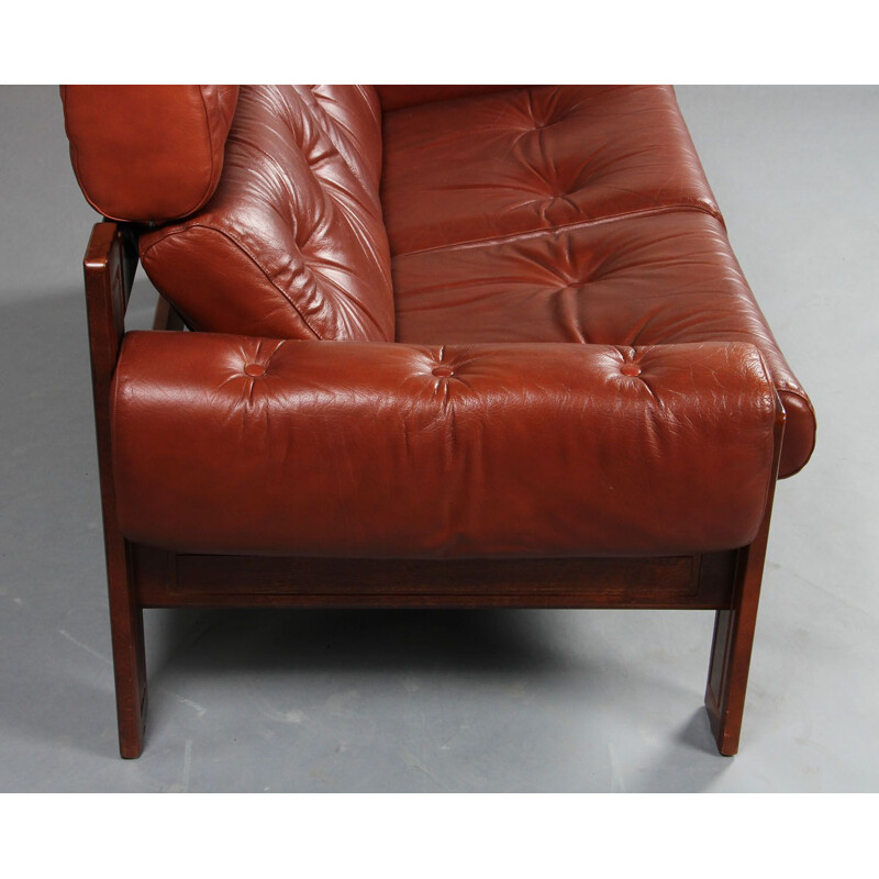Scandinavian vintage 2-seater brown leather sofa
