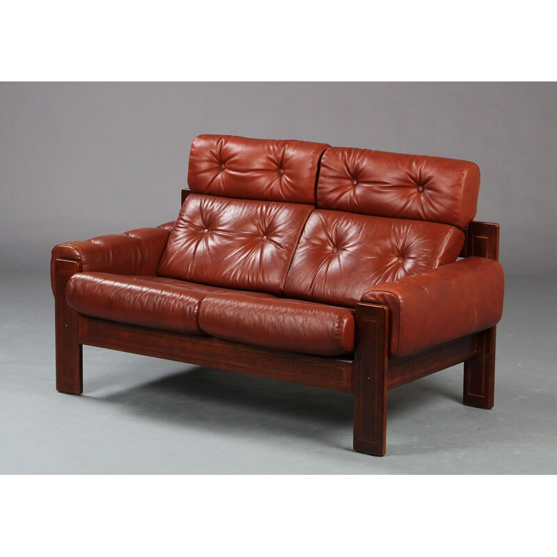 Scandinavian vintage 2-seater brown leather sofa