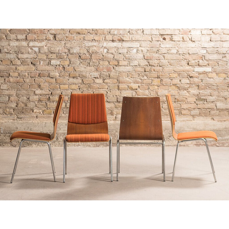 Set of 4 vintage teak and chrome steel chairs