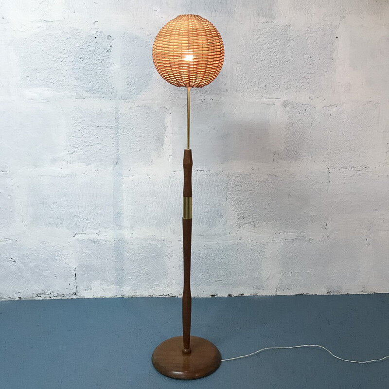 Rattan brass and teak floor lamp - 1970s