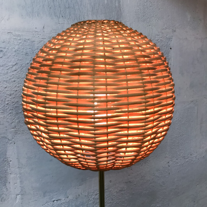 Lampadaire Teck laiton doré et rotin - 1970