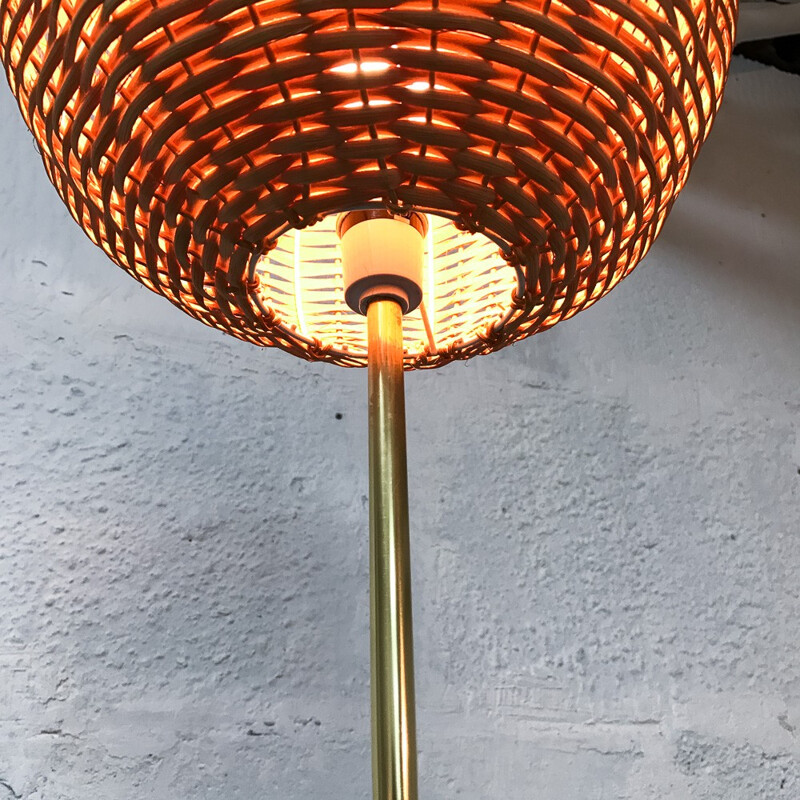 Rattan brass and teak floor lamp - 1970s