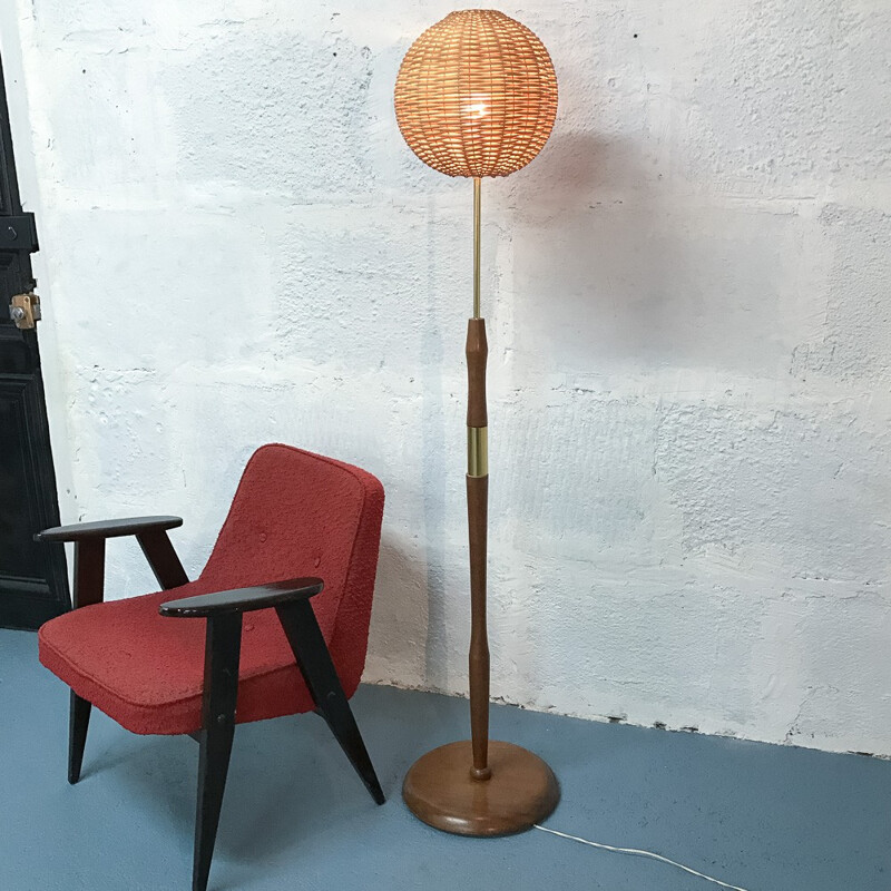 Rattan brass and teak floor lamp - 1970s
