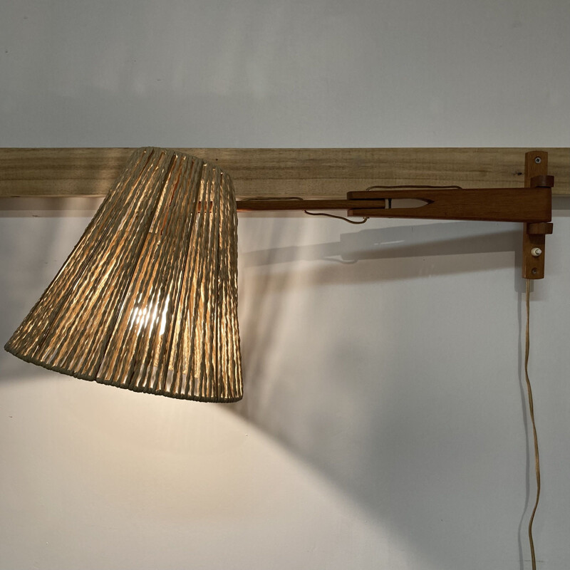 Scandinavian vintage modular wall lamp in oak and rope, 1950