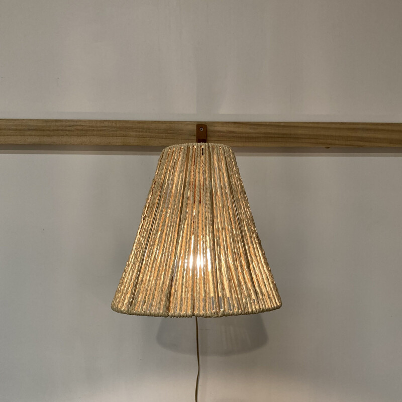 Scandinavian vintage modular wall lamp in oak and rope, 1950