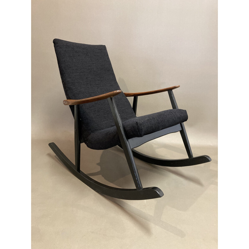 Scandinavian vintage teak and velvet rocking chair, 1950