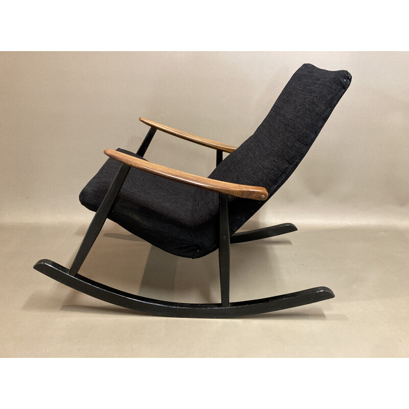 Scandinavian vintage teak and velvet rocking chair, 1950