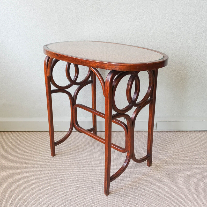 Vintage bistro side table in reed and bentwood by Thonet, Austria 1940