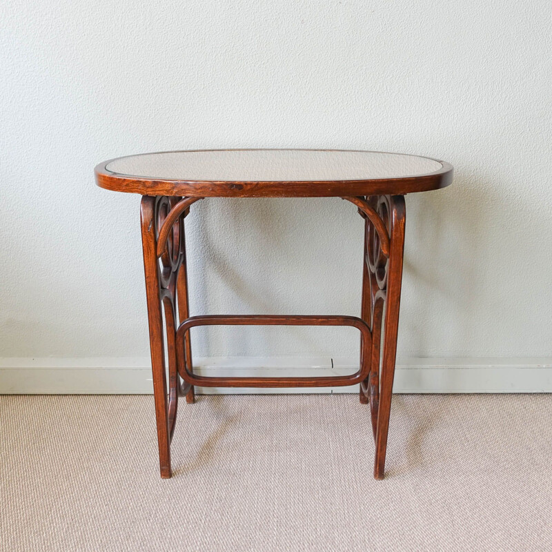 Mesa auxiliar bistro vintage de junco y madera curvada de Thonet, Austria 1940