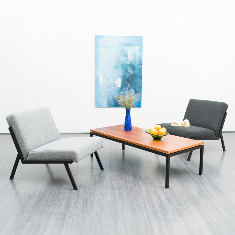 Mesa de centro minimalista vintage de nogal y metal, 1960