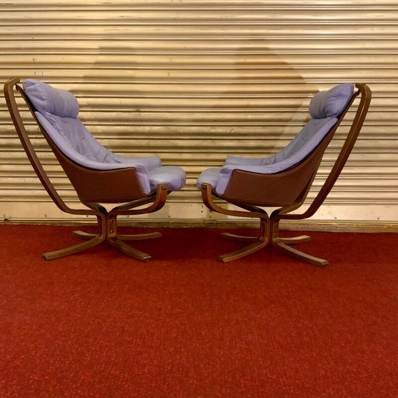 Pair of vintage Falcons armchairs with 2 ottomans by Sigurd Ressel, 1971