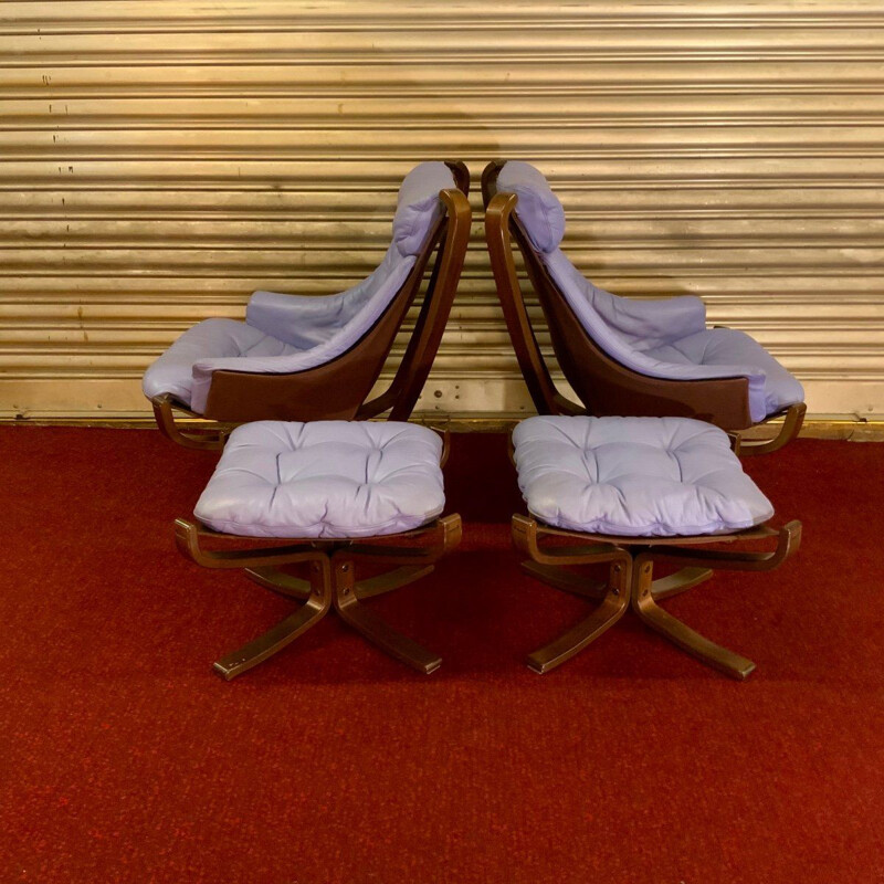 Pair of vintage Falcons armchairs with 2 ottomans by Sigurd Ressel, 1971