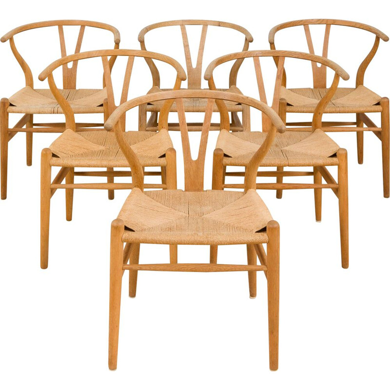 Ensemble de 6 chaises Wishbone vintage en bois de chêne par Hans Wegner pour Carl Hansen & Son, Danemark 1960