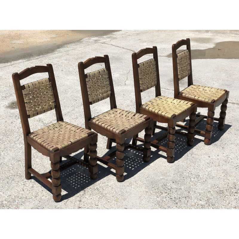 Set of 4 vintage chairs in turned wood and woven raffia, 1940