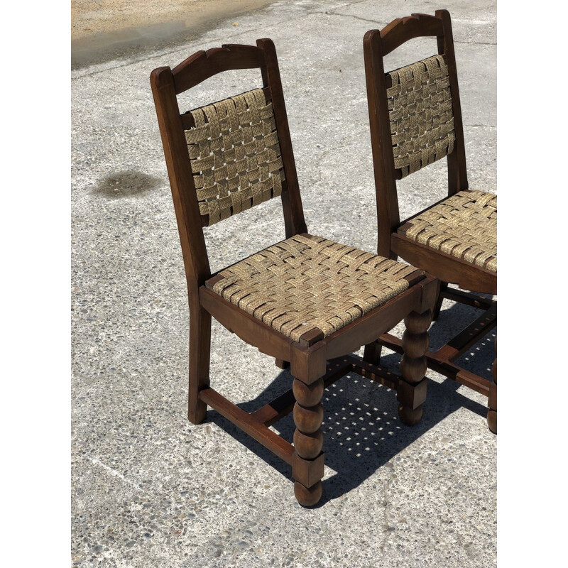 Set of 4 vintage chairs in turned wood and woven raffia, 1940