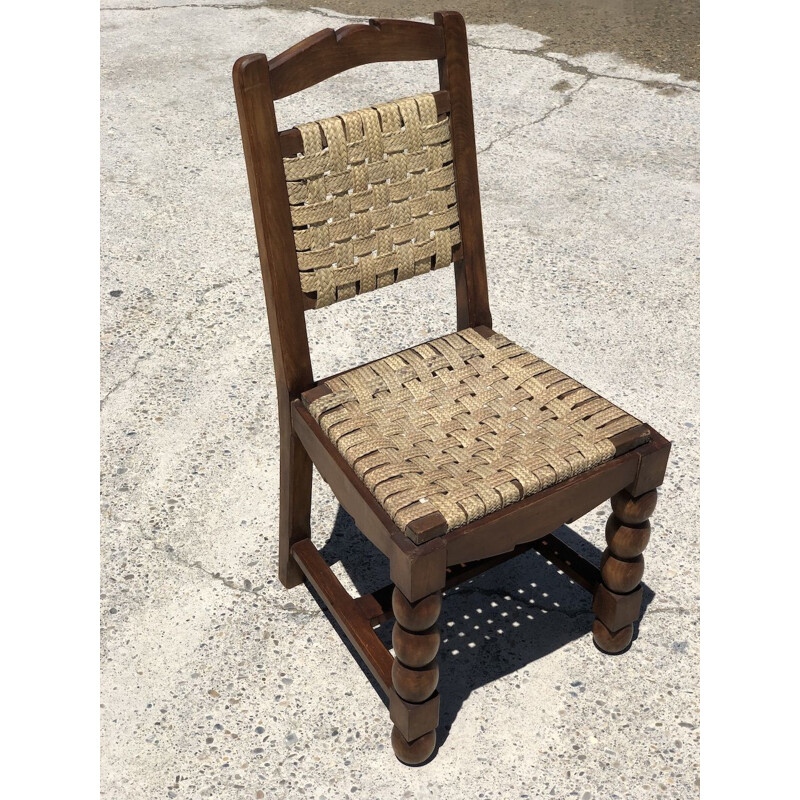 Set of 4 vintage chairs in turned wood and woven raffia, 1940