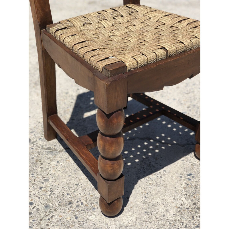 Set of 4 vintage chairs in turned wood and woven raffia, 1940