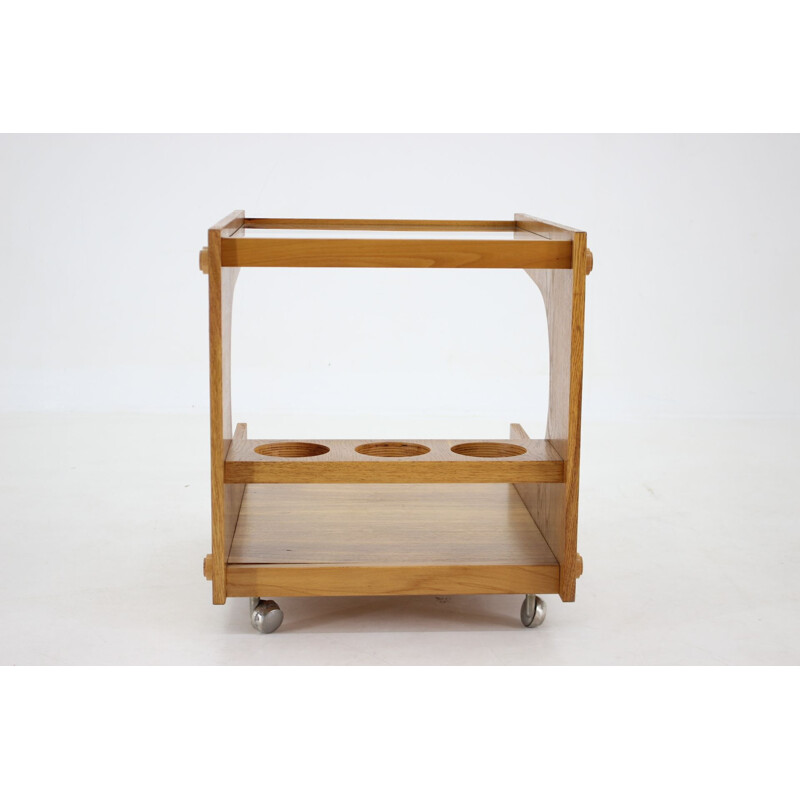 Vintage serving trolley in oakwood and glass, Czechoslovakia 1970s