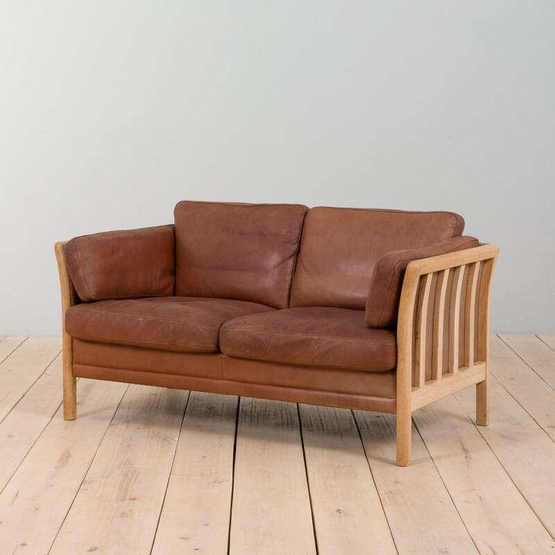 Mid-century two seater Aniline leather sofa with oak frame by Mogens Hansen, Denmark 1970s