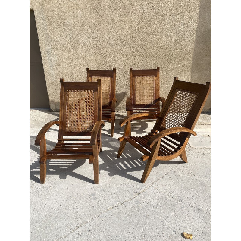 Ensemble de 4 fauteuils vintage en lattes de bois et canne, 1950