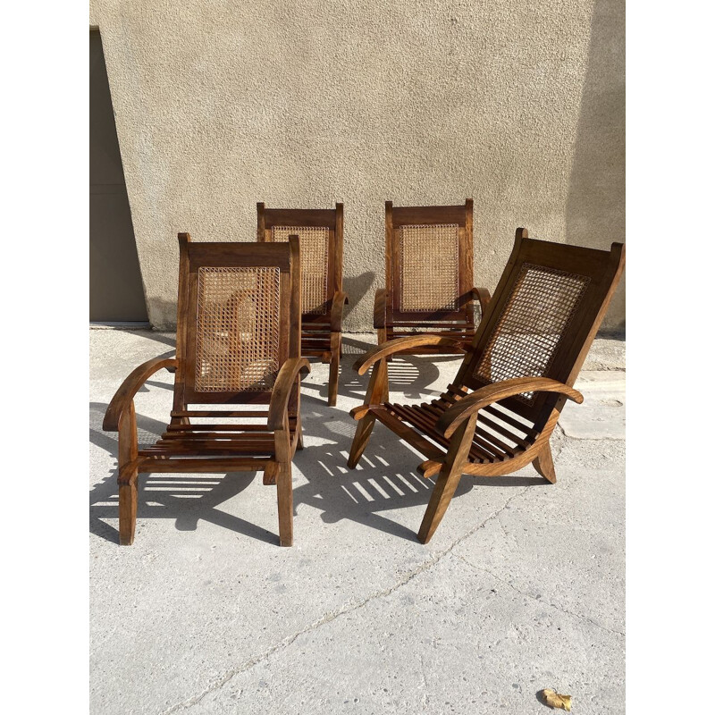 Set of 4 vintage armchairs in wood slats and cane, 1950