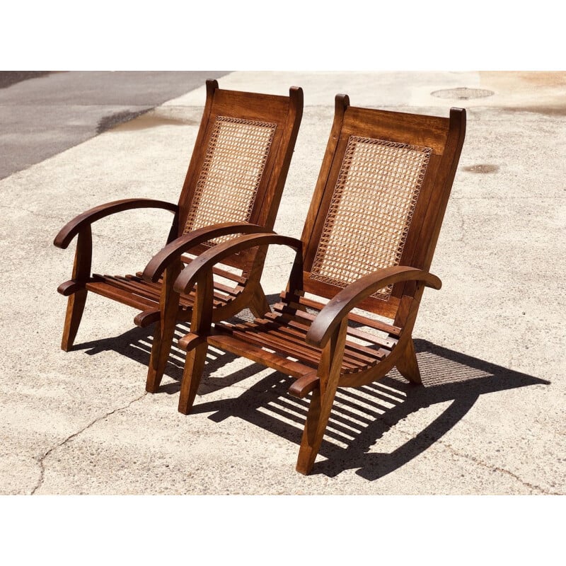 Set of 4 vintage armchairs in wood slats and cane, 1950