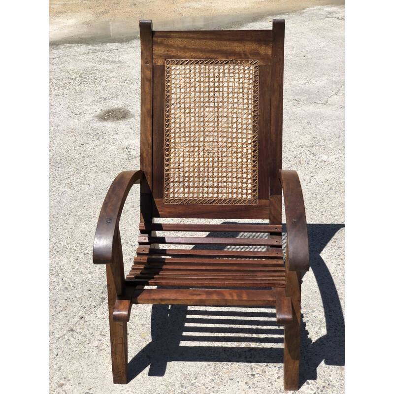 Set of 4 vintage armchairs in wood slats and cane, 1950