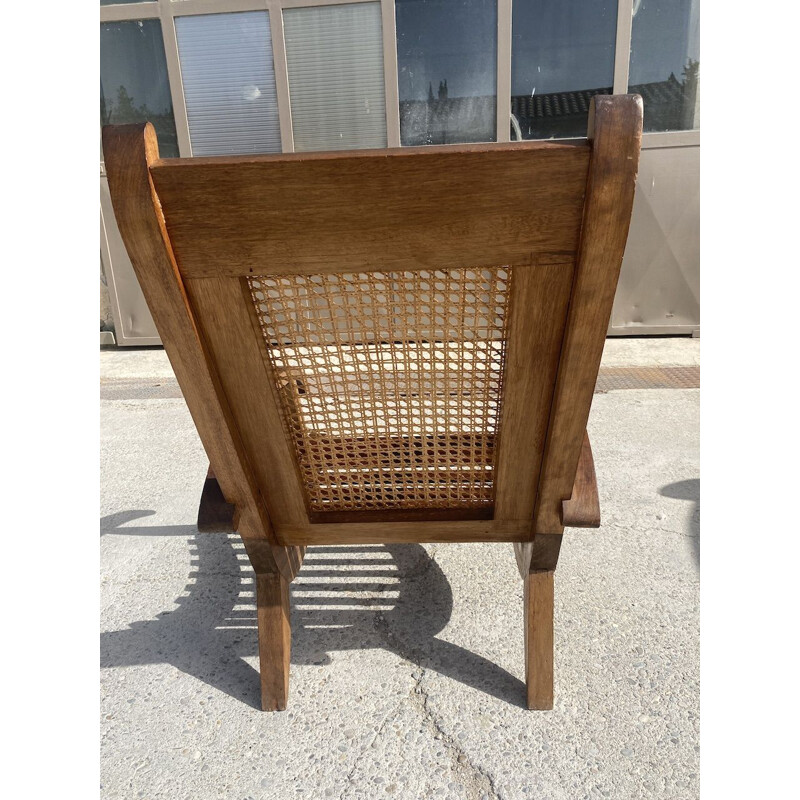 Set of 4 vintage armchairs in wood slats and cane, 1950