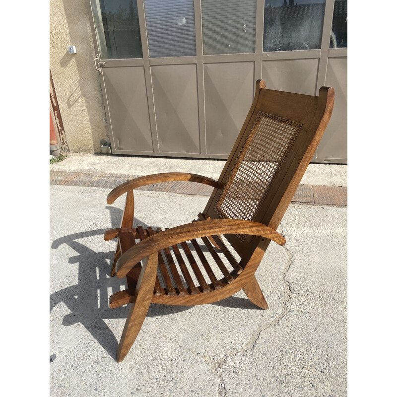 Set of 4 vintage armchairs in wood slats and cane, 1950