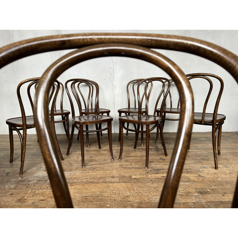 Lot de 8 chaises bistrot troquet vintage en bois courbé, 1960