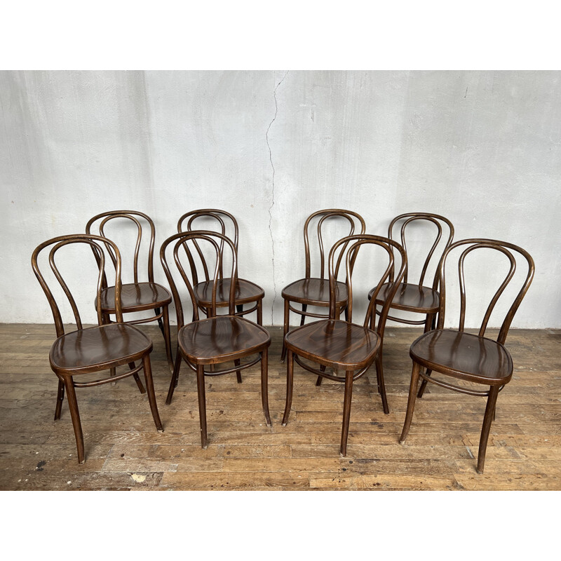 Lot de 8 chaises bistrot troquet vintage en bois courbé, 1960