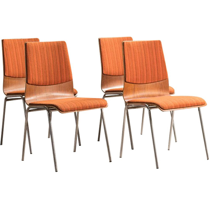 Set of 4 vintage teak and chrome steel chairs