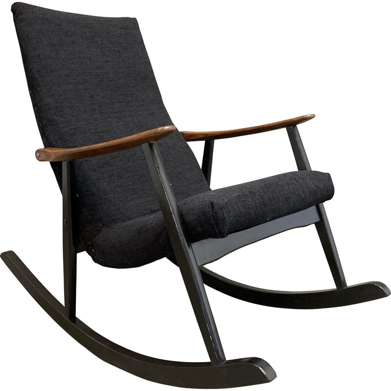 Scandinavian vintage teak and velvet rocking chair, 1950