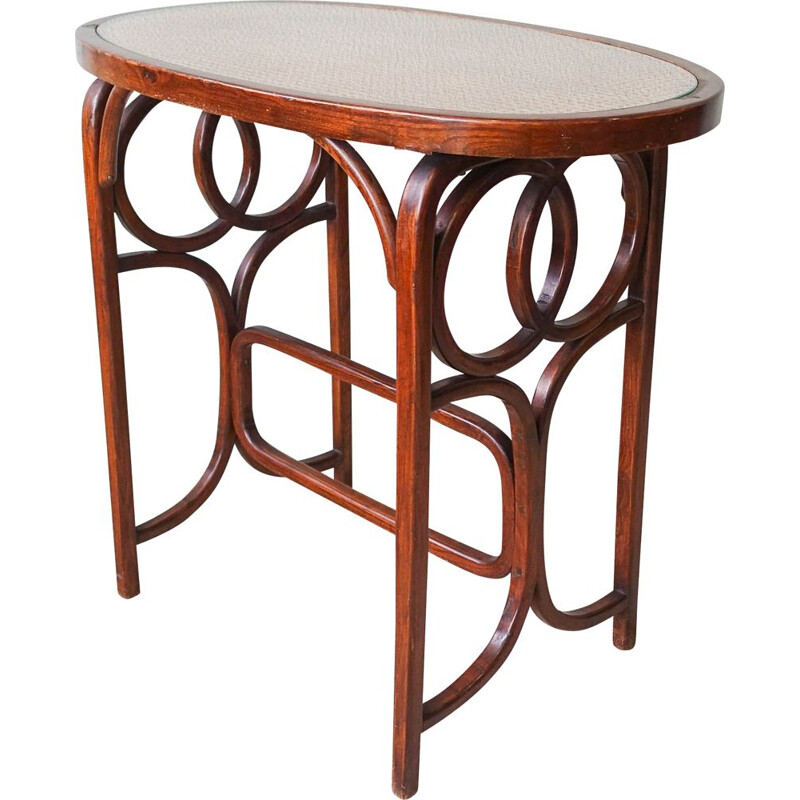 Mesa auxiliar bistro vintage de junco y madera curvada de Thonet, Austria 1940