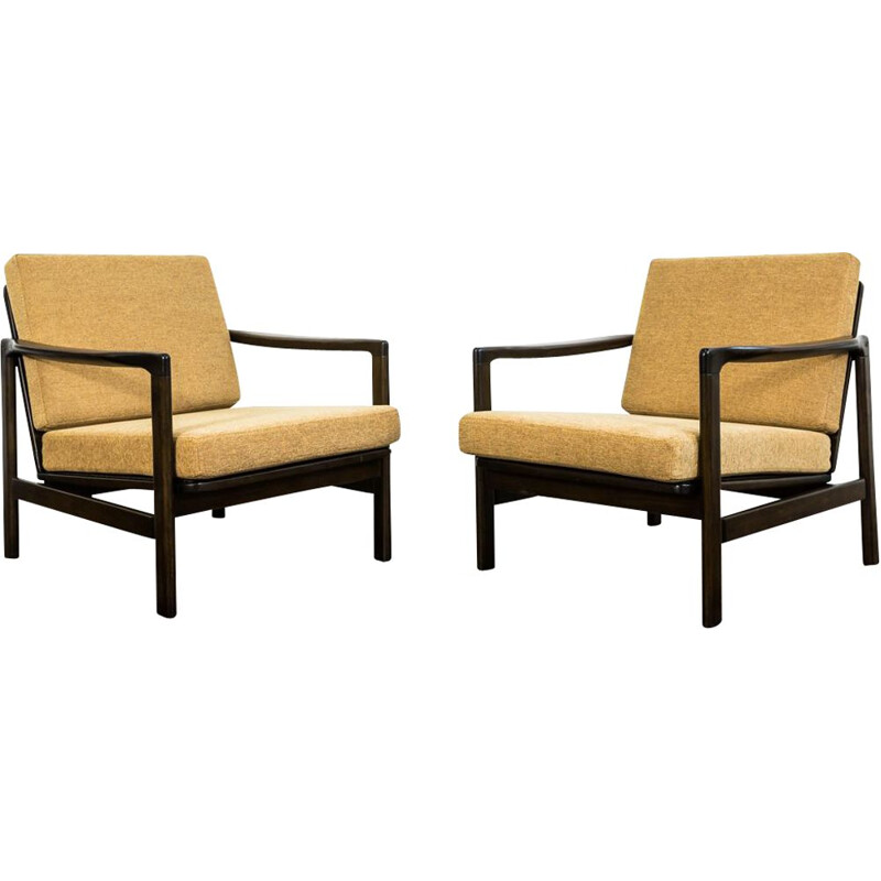 Pair of vintage orange B-7522 armchairs by Zenon Bączyk, 1960s