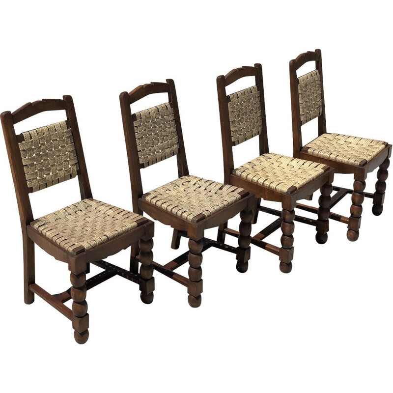 Set of 4 vintage chairs in turned wood and woven raffia, 1940