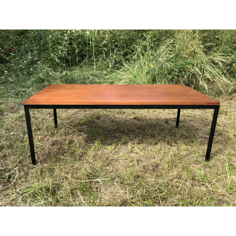 Vintage coffee table in wood and black metal by Florence Knoll, 1960s