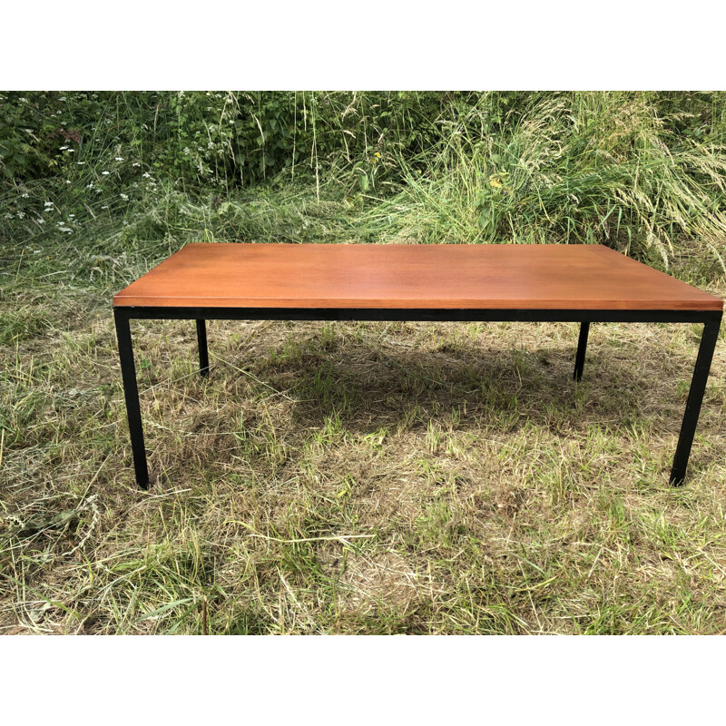 Vintage coffee table in wood and black metal by Florence Knoll, 1960s