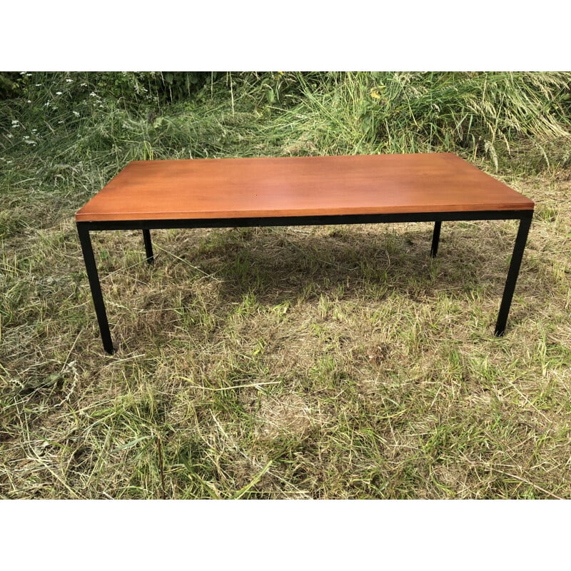 Vintage coffee table in wood and black metal by Florence Knoll, 1960s