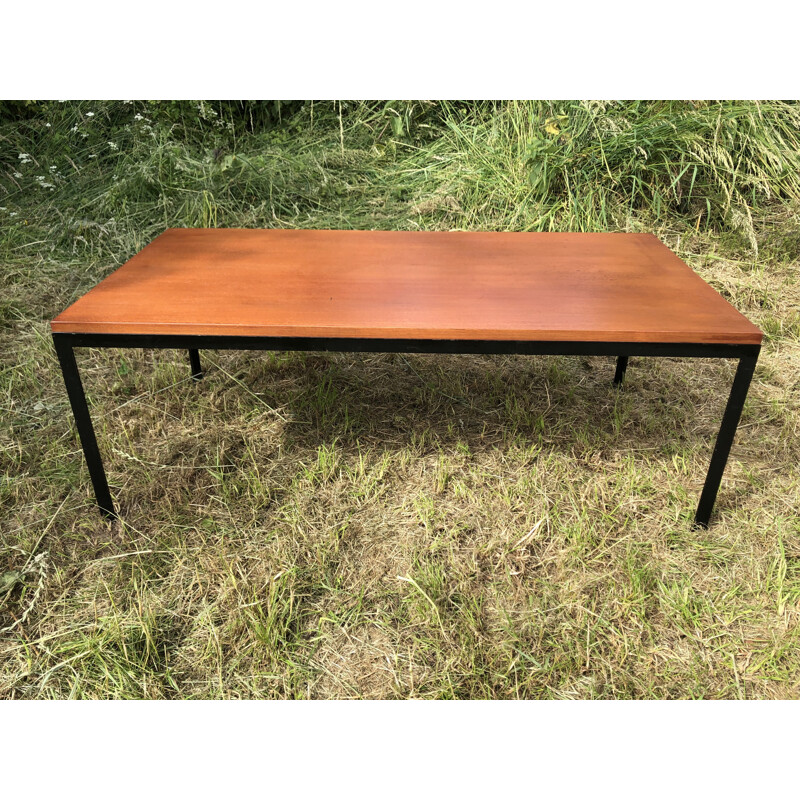 Vintage coffee table in wood and black metal by Florence Knoll, 1960s