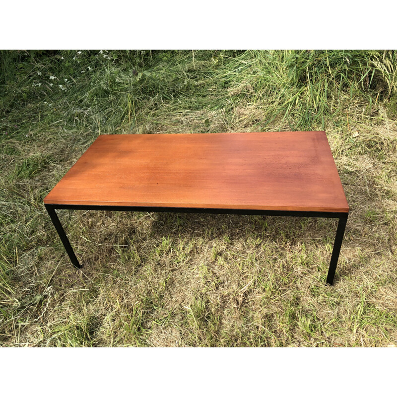 Vintage coffee table in wood and black metal by Florence Knoll, 1960s