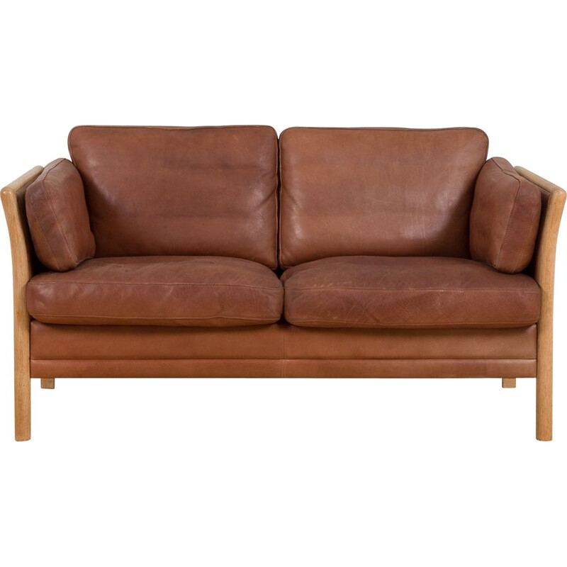 Mid-century two seater Aniline leather sofa with oak frame by Mogens Hansen, Denmark 1970s