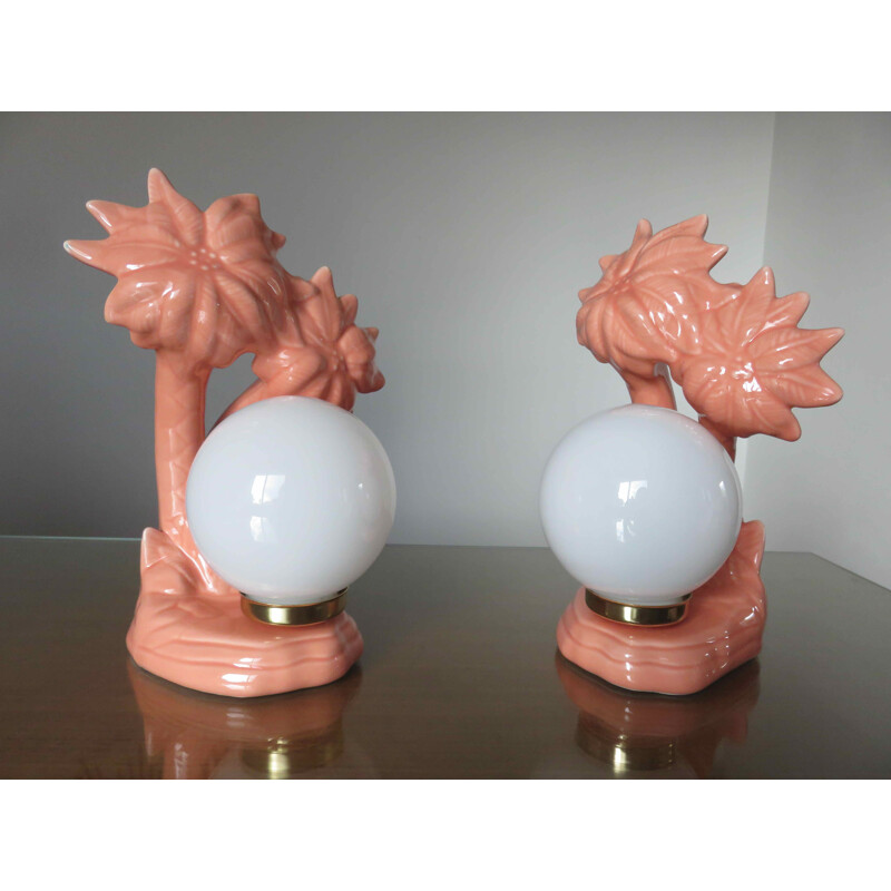 Paire de lampes palmiers vintage en céramique rose saumoné, France 1980