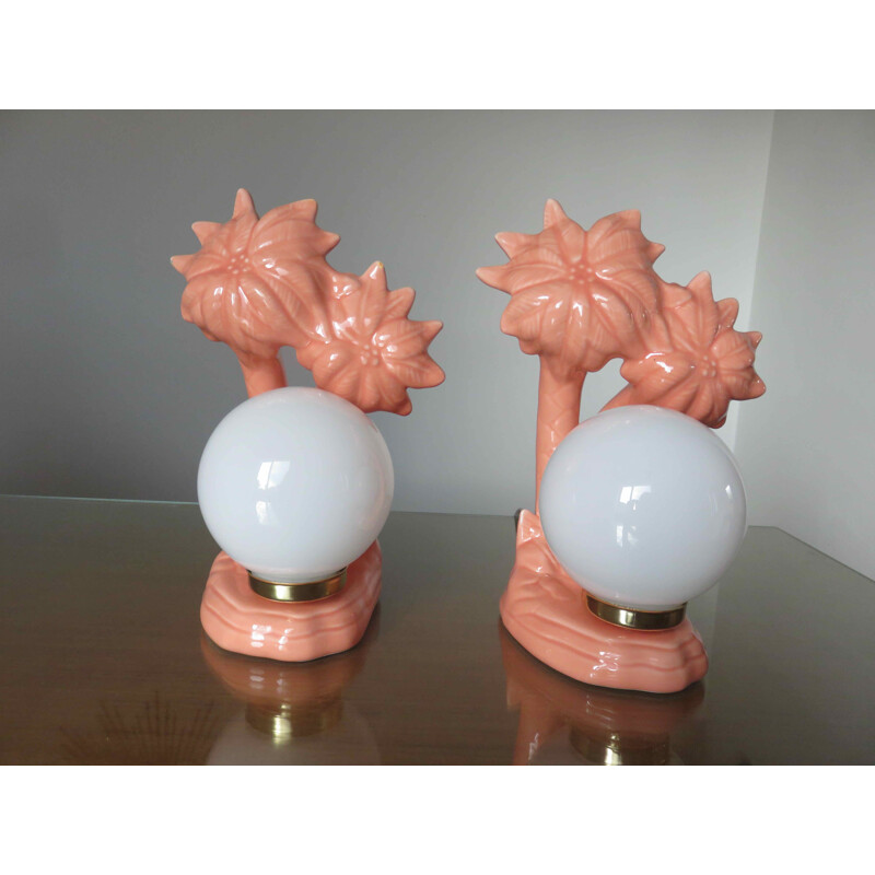Paar Vintage-Palmenlampen aus lachsrosa Keramik, Frankreich 1980
