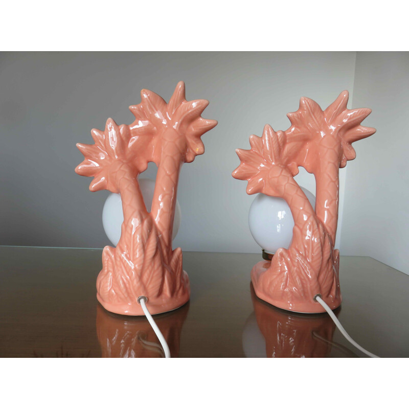 Paire de lampes palmiers vintage en céramique rose saumoné, France 1980