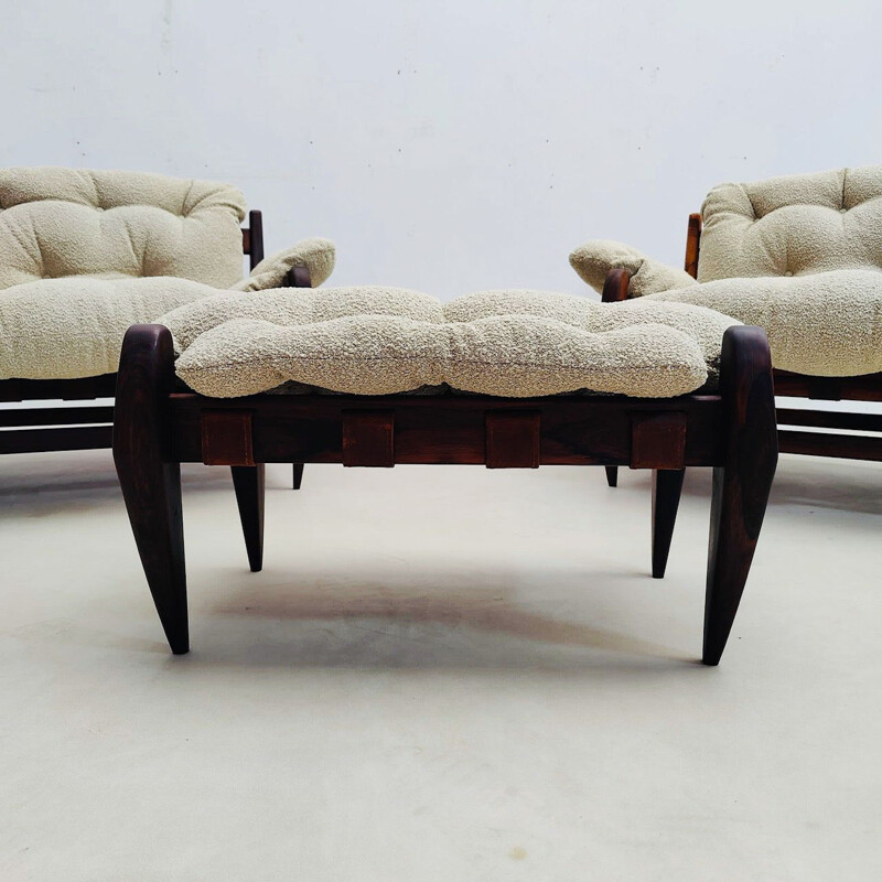 Pair of mid century armchairs with ottoman by Jean Gillon for Italma Wood Art, Brazil 1960s
