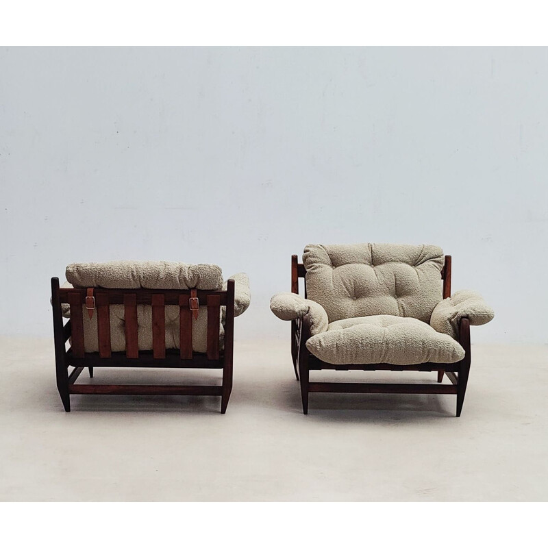 Pair of mid century armchairs with ottoman by Jean Gillon for Italma Wood Art, Brazil 1960s