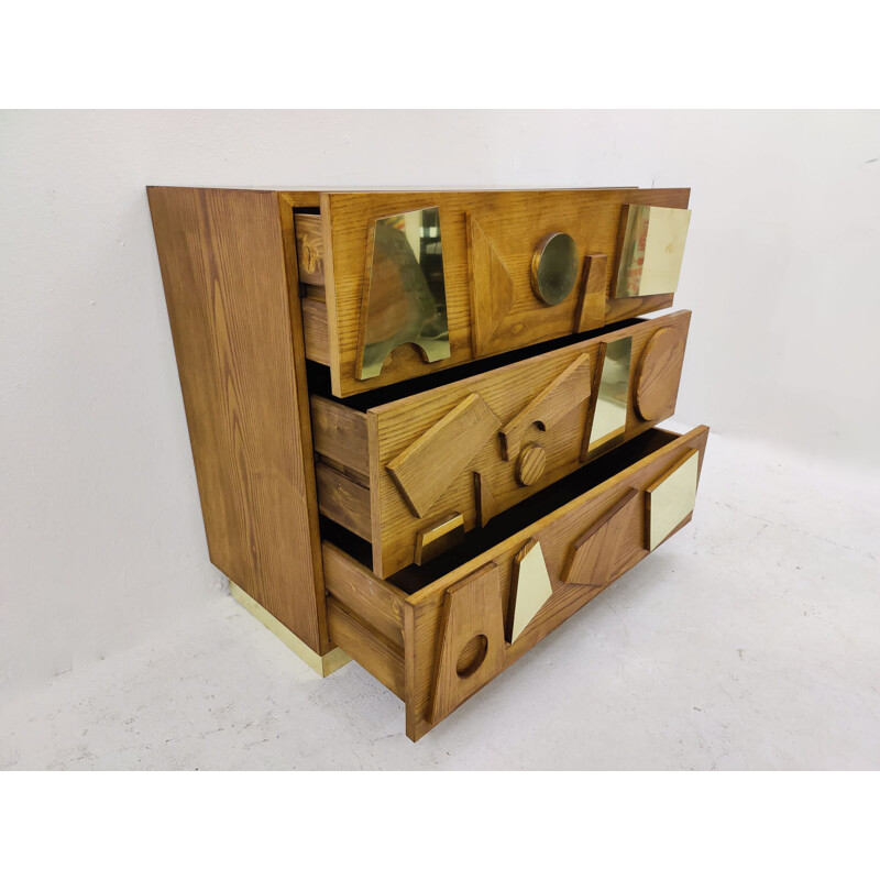 Pair of vintage wood and brass dressers, Italy