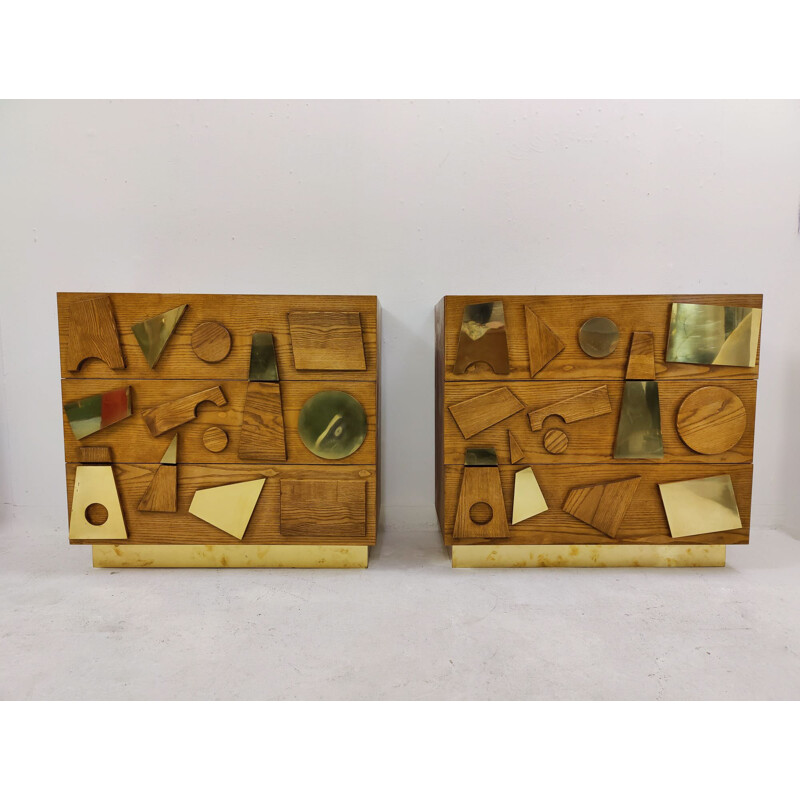 Pair of vintage wood and brass dressers, Italy