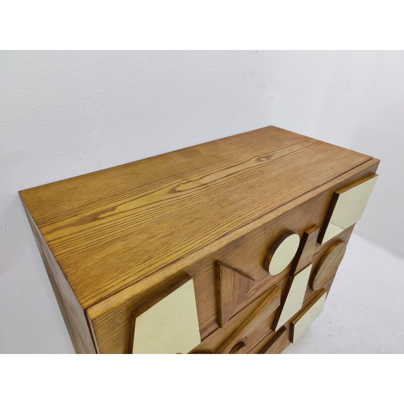 Pair of vintage wood and brass dressers, Italy